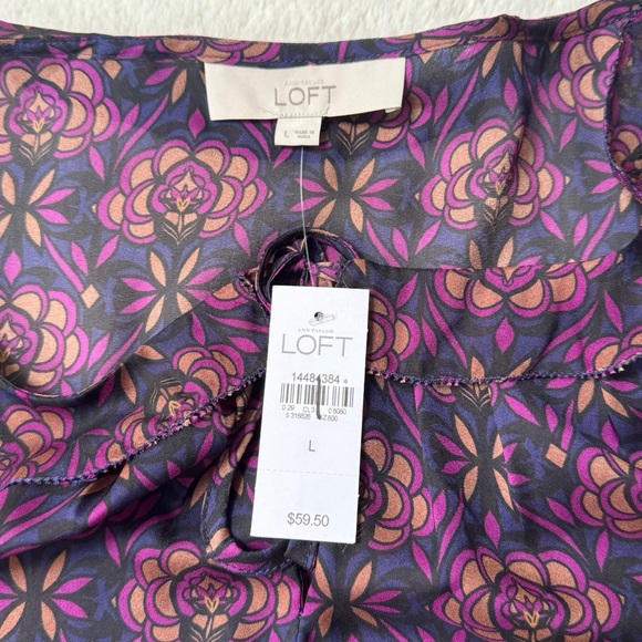 LOFT | Purple/Multicolor Floral Ruffle Collar Long Sleeve Semi-Sheer Blouse NWT - Picture 8 of 12